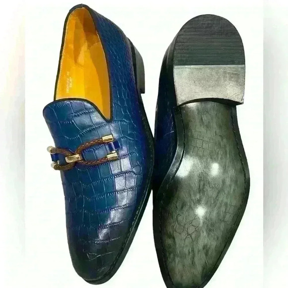 👞 Men’s Dk Blue High End Leather Crocodile Loafers w/Dark Brown/gold accent - Picture 1 of 4